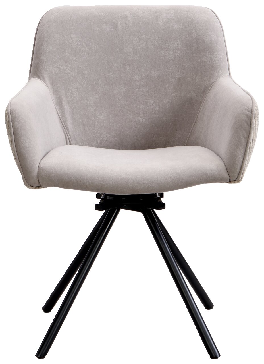 Moderner Armlehnstuhl mit grauem Stoffbezug und schwarzen Metallbeinen, Frontalansicht.