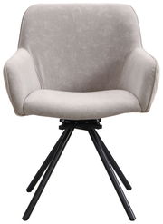 Moderner Armlehnstuhl mit grauem Stoffbezug und schwarzen Metallbeinen, Frontalansicht.