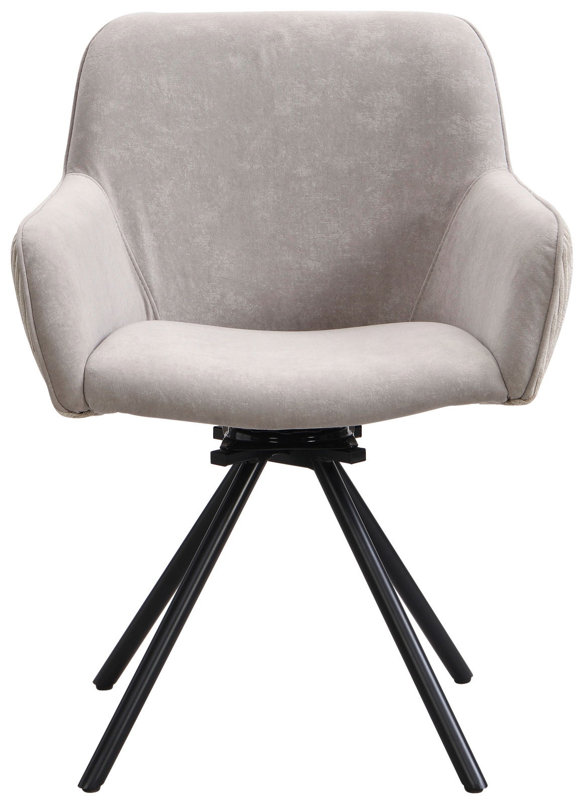 Moderner Armlehnstuhl mit grauem Stoffbezug und schwarzen Metallbeinen, Frontalansicht.