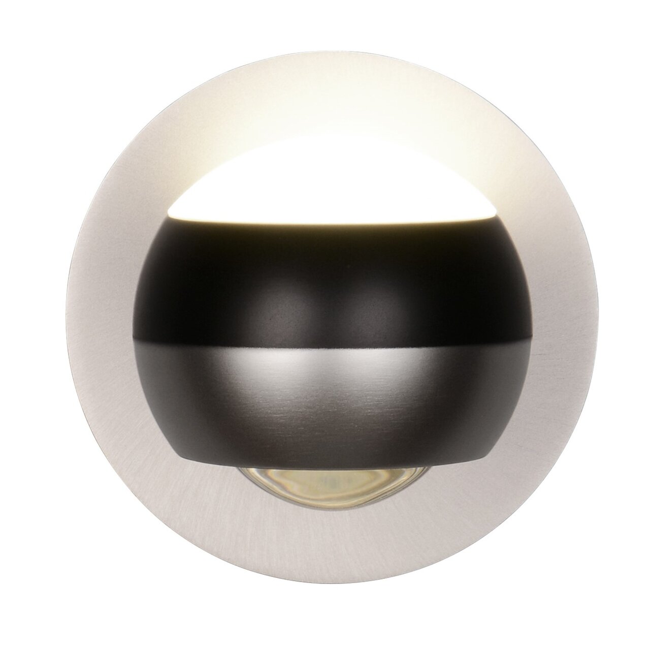 Moderne Wandleuchte ORBIT in runder Form, frontal betrachtet, mit schwarzem und silbernem Finish.