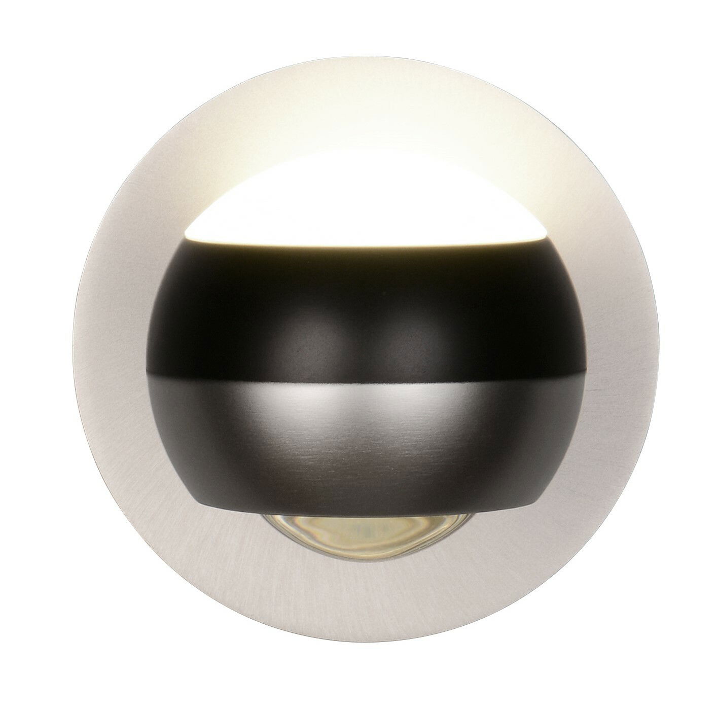 Moderne Wandleuchte ORBIT in runder Form, frontal betrachtet, mit schwarzem und silbernem Finish.