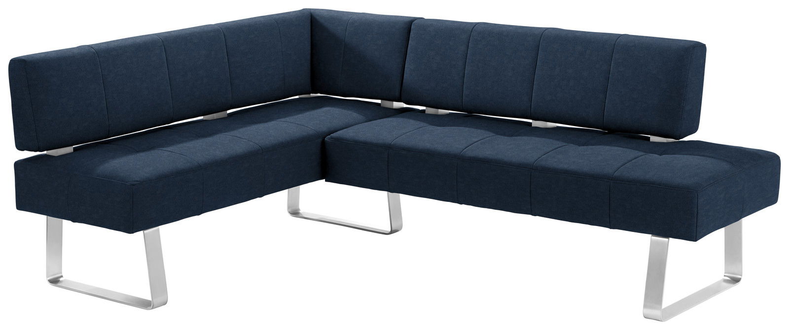 Eckbank in dunkelblauem Stoffbezug mit Metallbeinen, perspektivisch von vorne links fotografiert