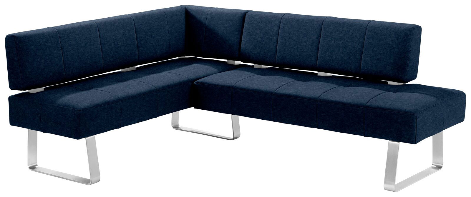 Moderano Eckbank LUPO II Eckbank in dunkelblauem Stoffbezug mit Metallbeinen, perspektivisch von vorne links fotografiert