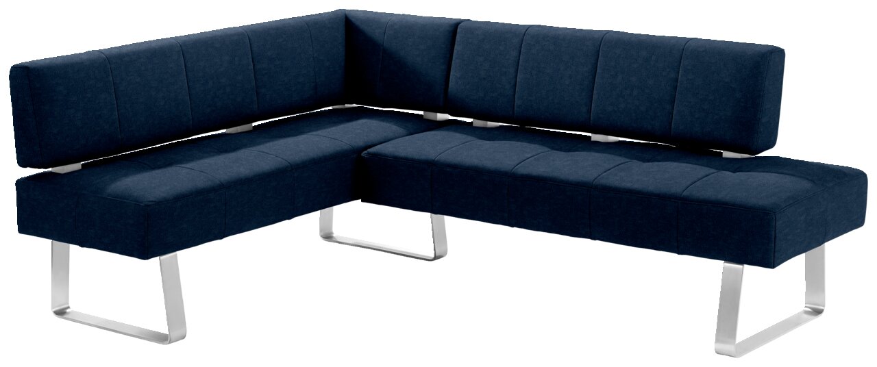 Moderano Eckbank LUPO II Eckbank in dunkelblauem Stoffbezug mit Metallbeinen, perspektivisch von vorne links fotografiert