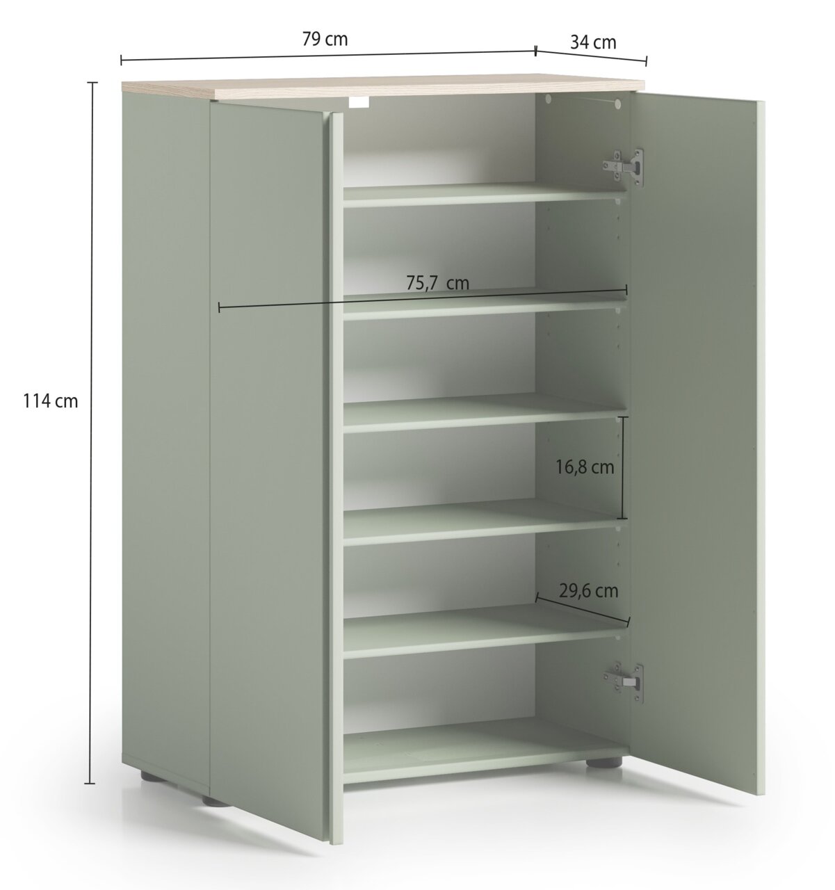 Grüner Schuhschrank mit offenen Türen, fünf Regalböden und Maßen: 79 cm Breite, 34 cm Tiefe, 114 cm Höhe, aus schräger Perspektive.