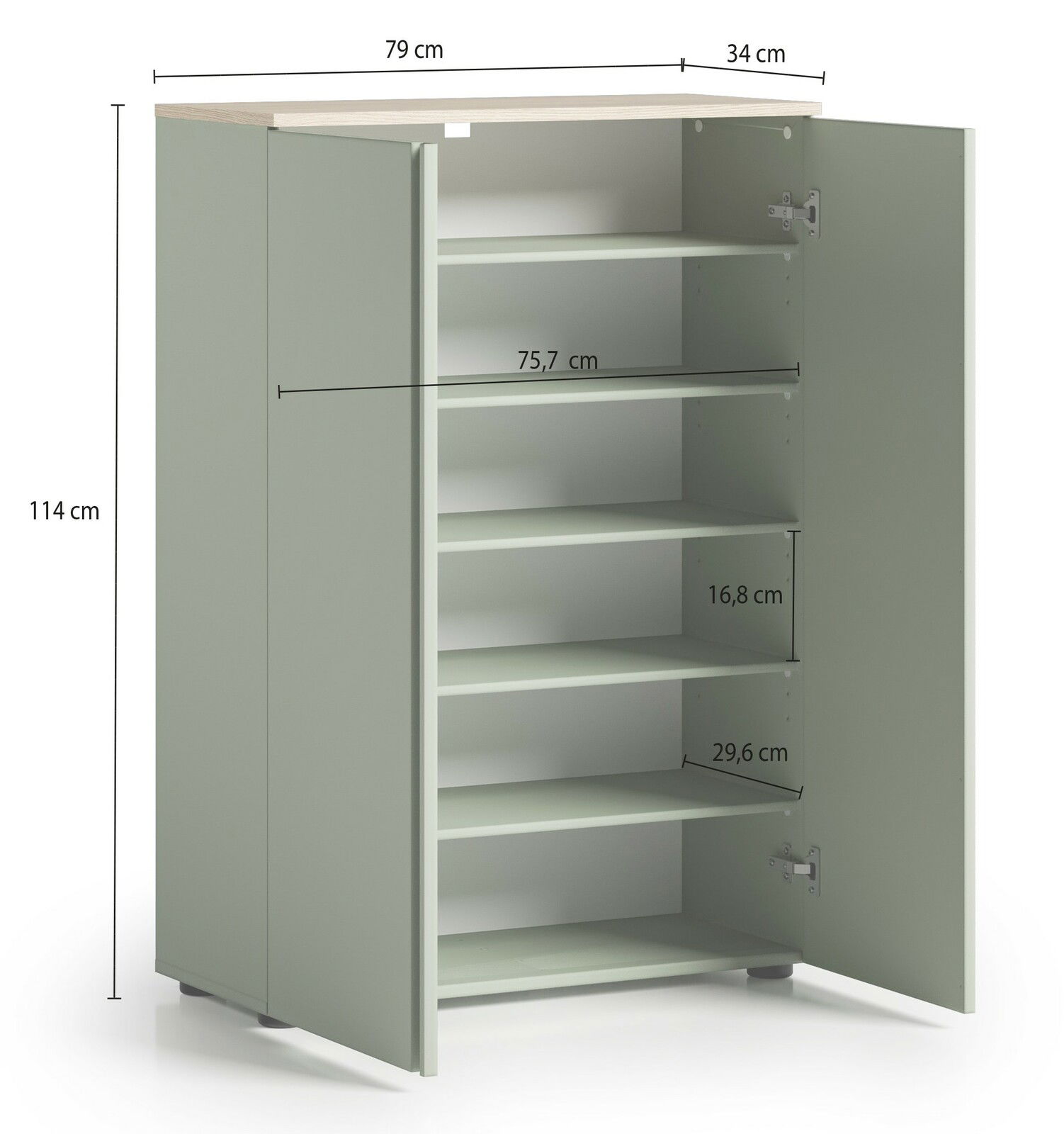Grüner Schuhschrank mit offenen Türen, fünf Regalböden und Maßen: 79 cm Breite, 34 cm Tiefe, 114 cm Höhe, aus schräger Perspektive.