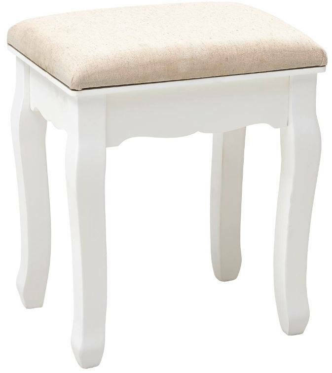 Eleganter weißer Hocker mit gepolsterter Sitzfläche in Beige, seitliche Perspektive