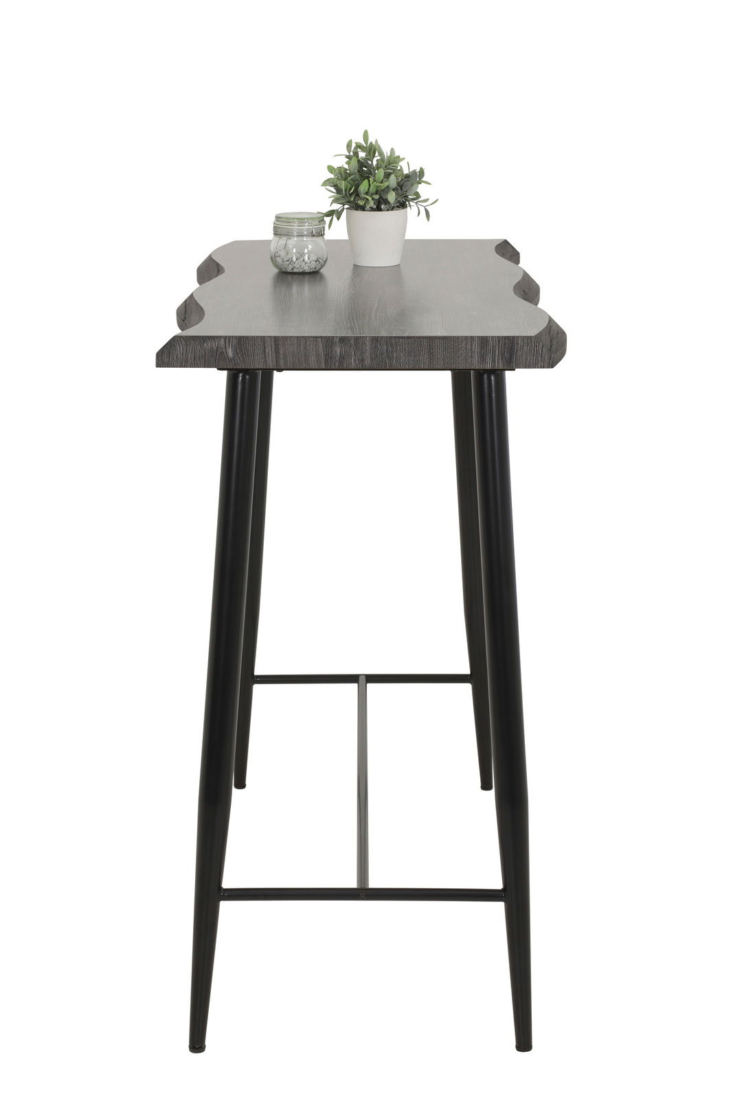 Bartisch mit dunkler Holzplatte und schwarzen Metallbeinen, seitliche Perspektive