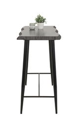 Bartisch mit dunkler Holzplatte und schwarzen Metallbeinen, seitliche Perspektive