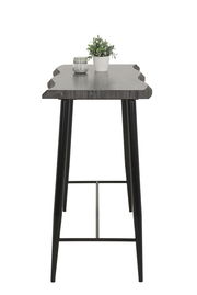 Bartisch mit dunkler Holzplatte und schwarzen Metallbeinen, seitliche Perspektive