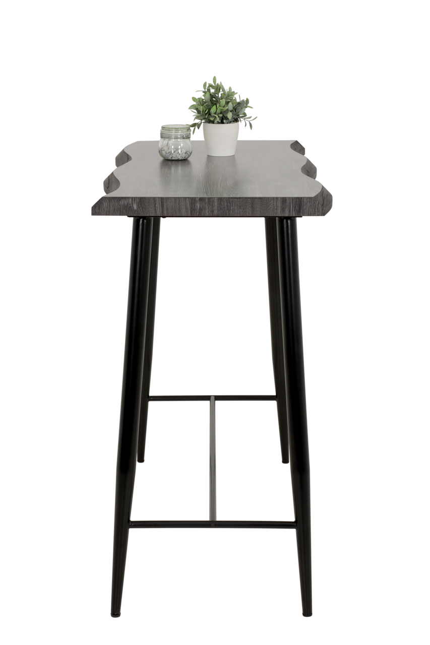 Z2 Bartisch GABI Bartisch mit dunkler Holzplatte und schwarzen Metallbeinen, seitliche Perspektive