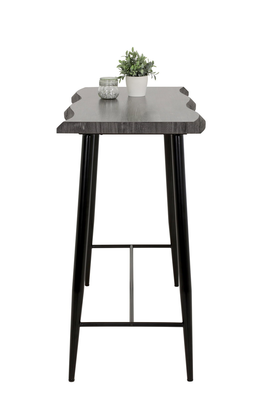 Bartisch mit dunkler Holzplatte und schwarzen Metallbeinen, seitliche Perspektive