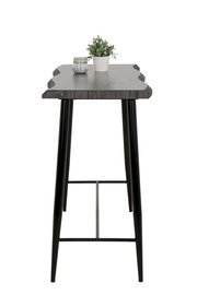 Bartisch mit dunkler Holzplatte und schwarzen Metallbeinen, seitliche Perspektive