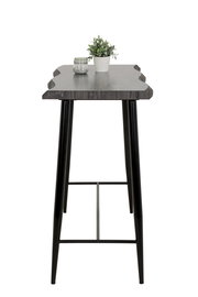 Bartisch mit dunkler Holzplatte und schwarzen Metallbeinen, seitliche Perspektive