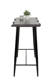 Bartisch mit dunkler Holzplatte und schwarzen Metallbeinen, seitliche Perspektive
