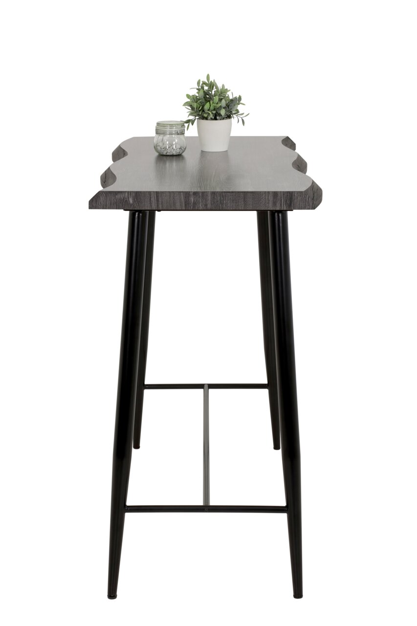 Bartisch mit dunkler Holzplatte und schwarzen Metallbeinen, seitliche Perspektive