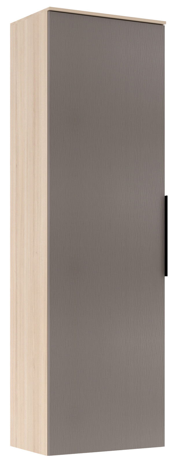 Garderoben-Hängeschrank in Holzoptik mit grauer Tür, seitliche Perspektive