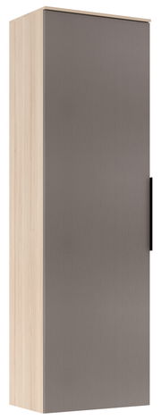 Garderoben-Hängeschrank in Holzoptik mit grauer Tür, seitliche Perspektive
