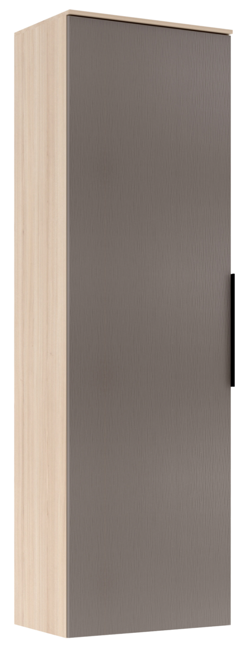 Garderoben-Hängeschrank in Holzoptik mit grauer Tür, seitliche Perspektive