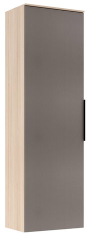 Garderoben-Hängeschrank in Holzoptik mit grauer Tür, seitliche Perspektive