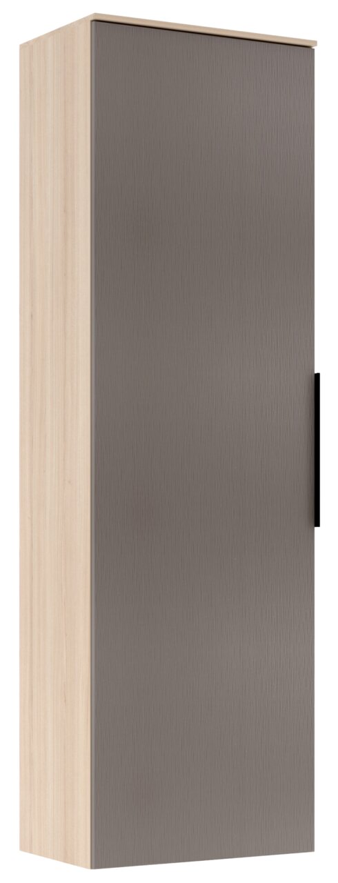 Garderoben-Hängeschrank in Holzoptik mit grauer Tür, seitliche Perspektive