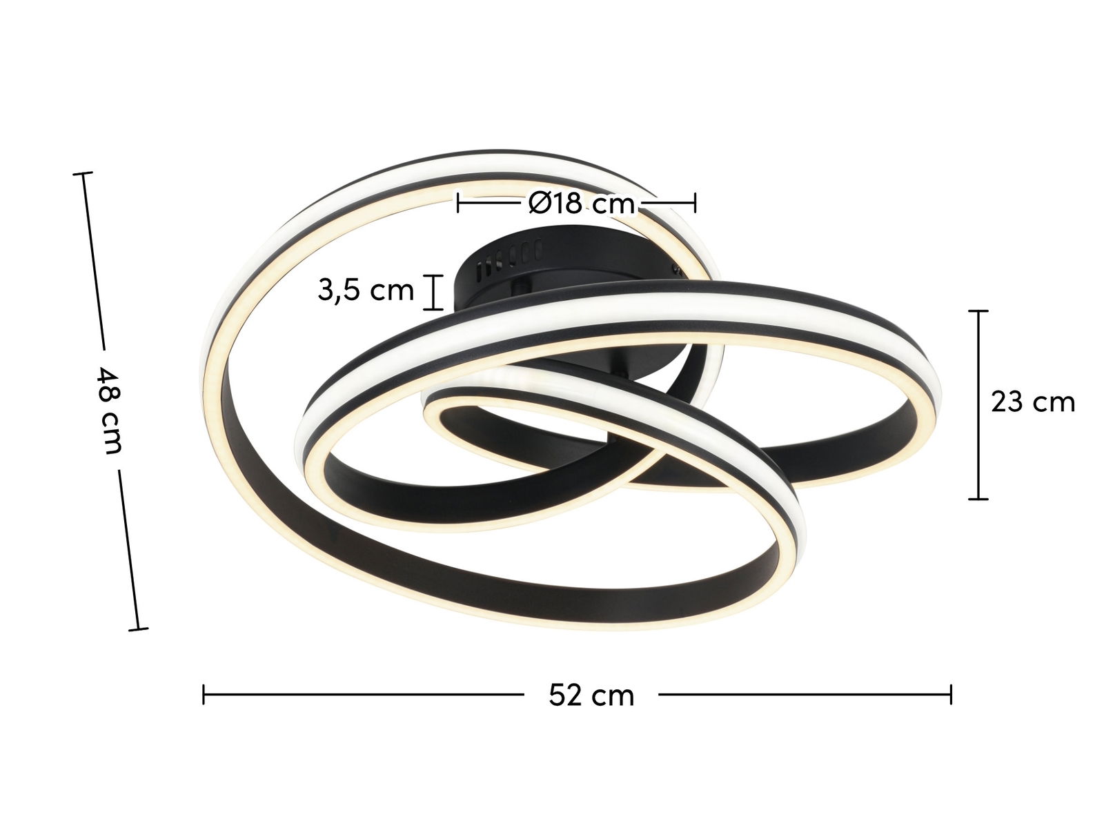Moderne LED-Deckenleuchte mit geschwungenem Design, seitliche Perspektive