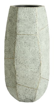 Großer, strukturierter Topf aus Beton in grauer Farbe, frontal fotografiert.