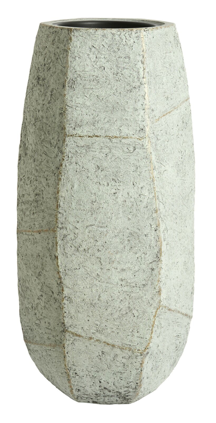 Großer, strukturierter Topf aus Beton in grauer Farbe, frontal fotografiert.