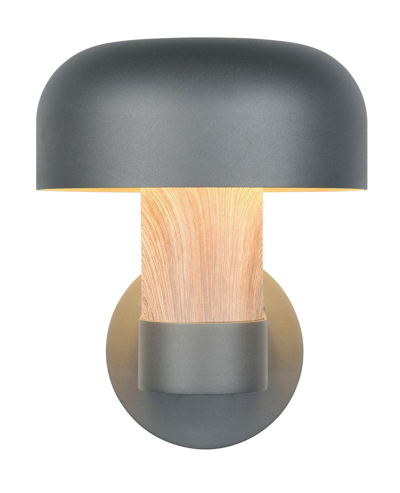 Moderne LED-Außenwandleuchte mit grauem, halbrundem Schirm und Holzoptik, Frontalansicht