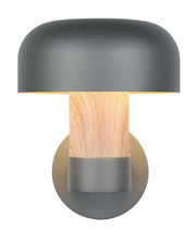 Moderne LED-Außenwandleuchte mit grauem, halbrundem Schirm und Holzoptik, Frontalansicht