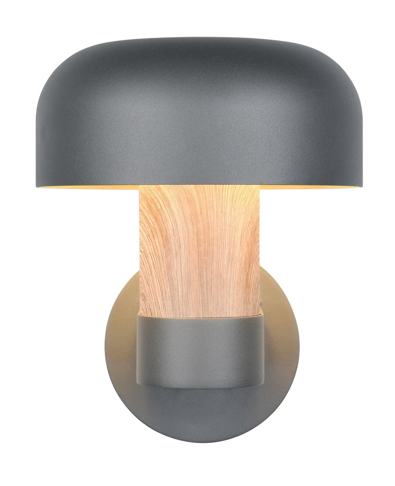 Moderne LED-buitenwandlamp met grijze, halfronde kap en houtlook, vooraanzicht