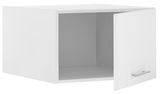 Weißer Aufsatzschrank mit geöffneter Tür, seitliche Perspektive