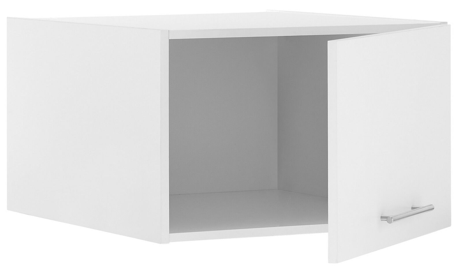 Weißer Aufsatzschrank mit geöffneter Tür, seitliche Perspektive