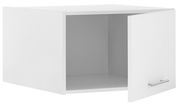 Weißer Aufsatzschrank mit geöffneter Tür, seitliche Perspektive