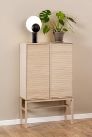 Hochschrank aus hellem Holz mit zwei Türen, darauf eine moderne Lampe und eine grüne Pflanze, seitliche Perspektive