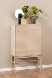 Hochschrank aus hellem Holz mit zwei Türen, darauf eine moderne Lampe und eine grüne Pflanze, seitliche Perspektive