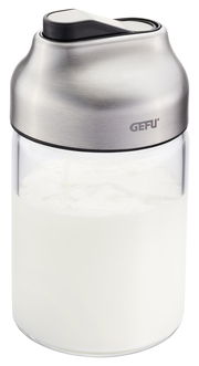 Zucker- oder Milchdosierer TIP aus Glas und Edelstahl, seitliche Perspektive