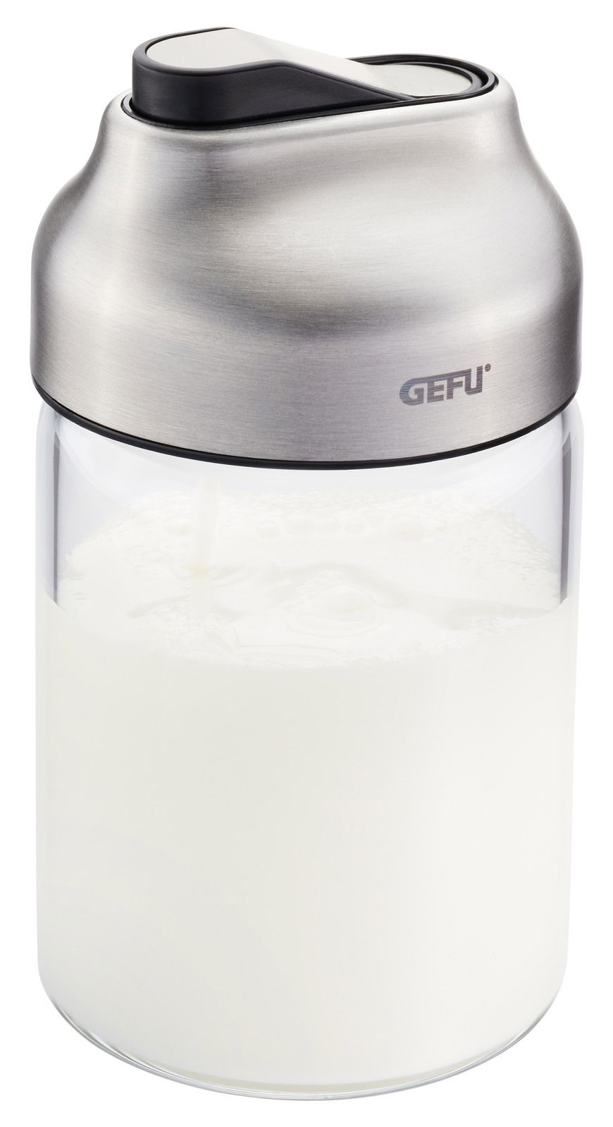 Zucker- oder Milchdosierer TIP aus Glas und Edelstahl, seitliche Perspektive