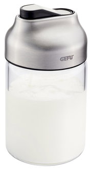 Zucker- oder Milchdosierer TIP aus Glas und Edelstahl, seitliche Perspektive