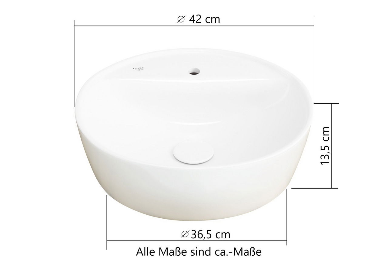 Runder, weißer Waschtisch mit einem Durchmesser von 42 cm und einer Höhe von 13,5 cm, aus der Seitenperspektive gezeigt.