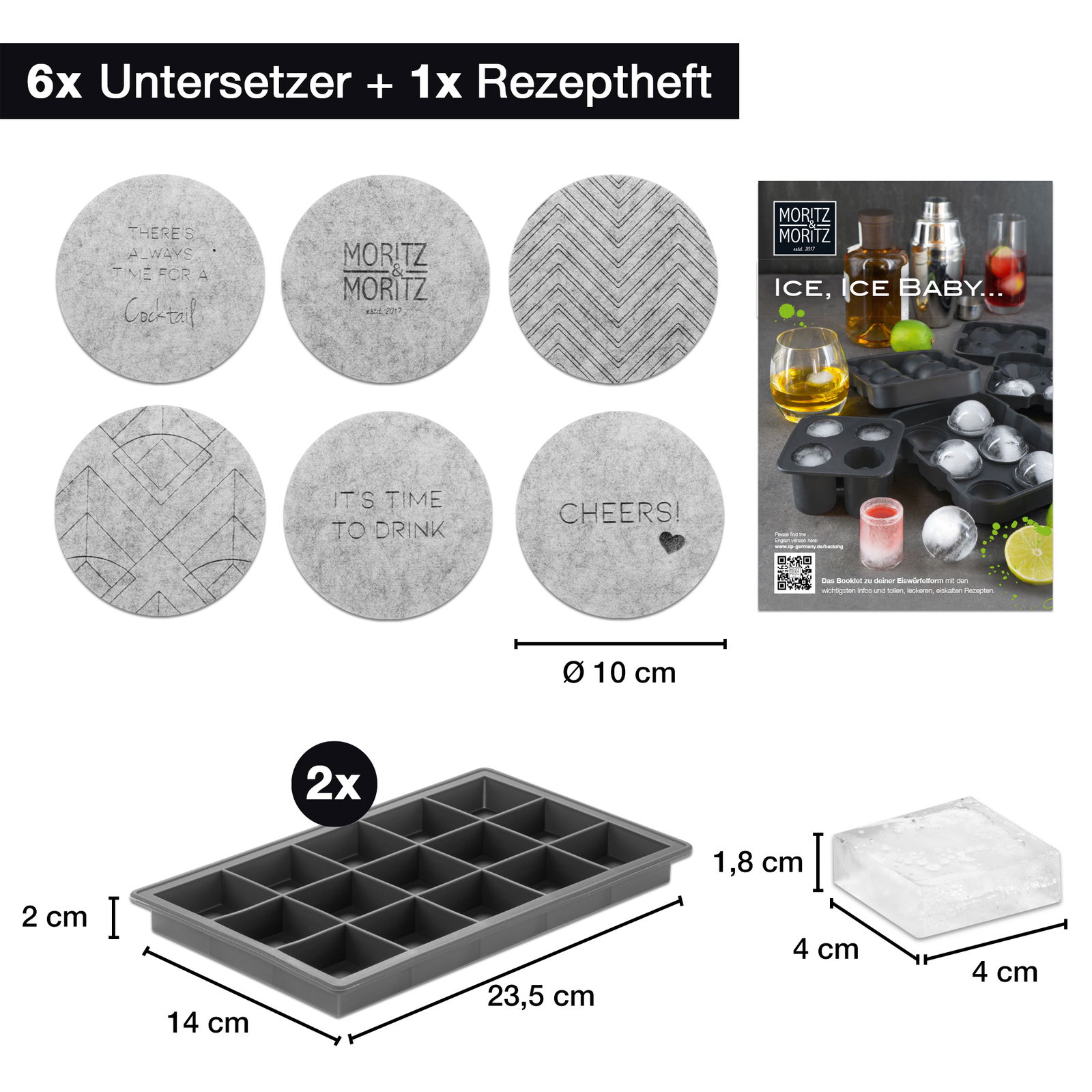 Set bestehend aus 6 runden Untersetzern mit verschiedenen Designs und 2 rechteckigen Eiswürfelformen, perspektivisch von oben gezeigt.