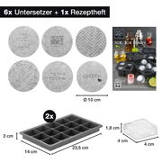 Set bestehend aus 6 runden Untersetzern mit verschiedenen Designs und 2 rechteckigen Eiswürfelformen, perspektivisch von oben gezeigt.