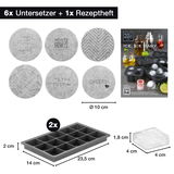 Set bestehend aus 6 runden Untersetzern mit verschiedenen Designs und 2 rechteckigen Eiswürfelformen, perspektivisch von oben gezeigt.