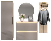 Garderoben-Kombination 4-tlg. in moderner Perspektive, bestehend aus einem hohen Schrank, einer Kommode mit Spiegel und einer Garderobenleiste mit Haken und Ablage.