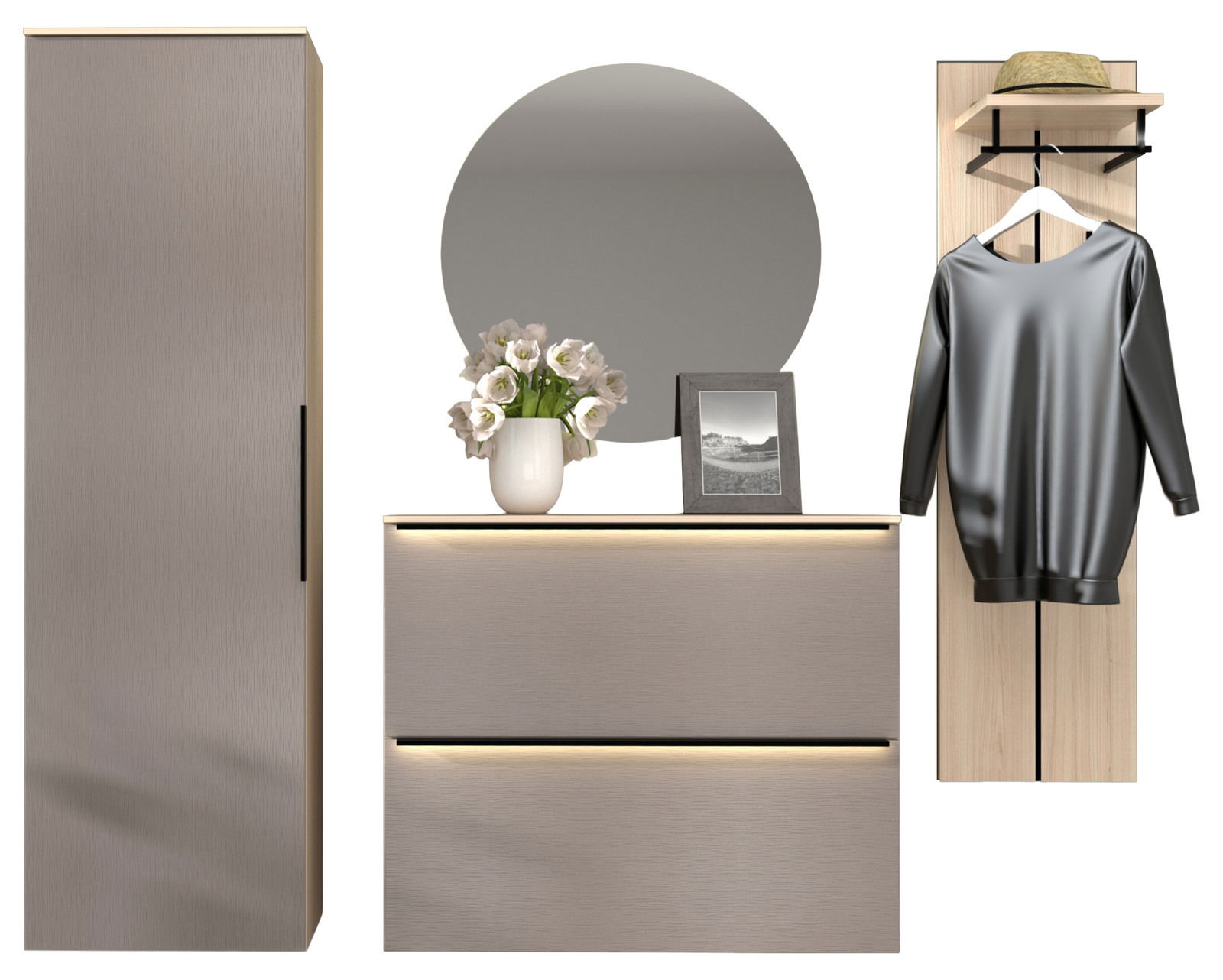 Garderoben-Kombination 4-tlg. in moderner Perspektive, bestehend aus einem hohen Schrank, einer Kommode mit Spiegel und einer Garderobenleiste mit Haken und Ablage.