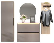 Garderoben-Kombination 4-tlg. in moderner Perspektive, bestehend aus einem hohen Schrank, einer Kommode mit Spiegel und einer Garderobenleiste mit Haken und Ablage.