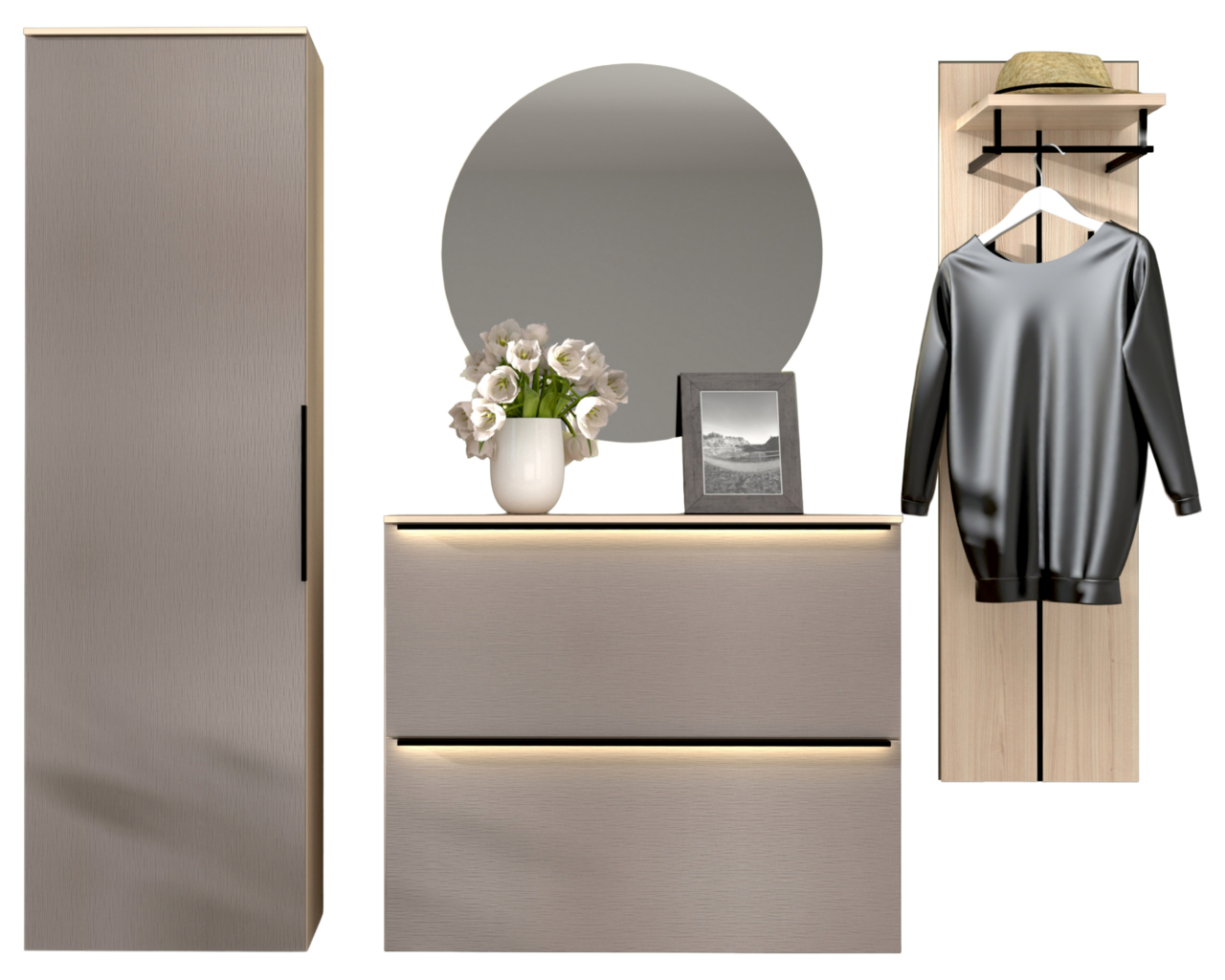 Garderoben-Kombination 4-tlg. in moderner Perspektive, bestehend aus einem hohen Schrank, einer Kommode mit Spiegel und einer Garderobenleiste mit Haken und Ablage.