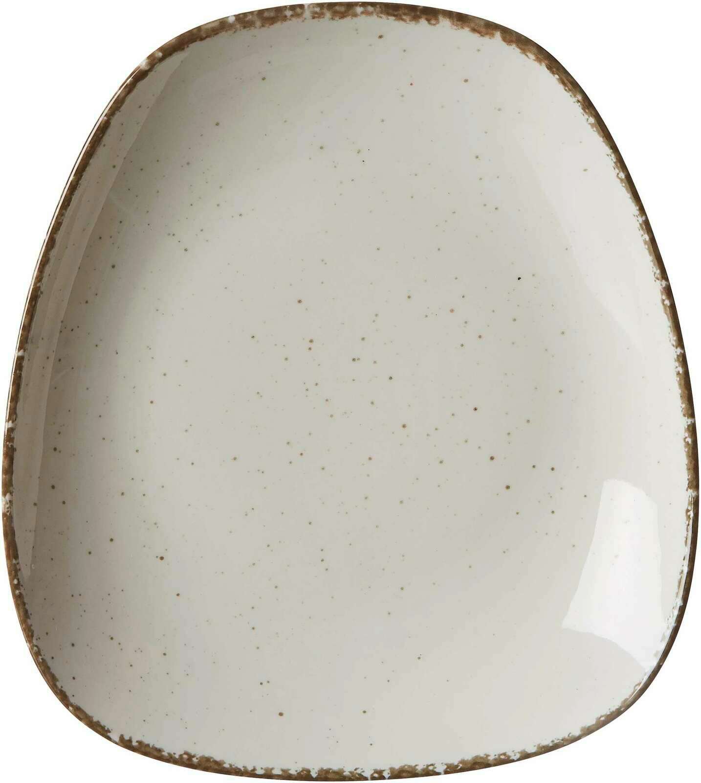 Beigefarbener, rechteckiger Beilagenteller mit abgerundeten Ecken und gesprenkeltem Muster, Draufsicht