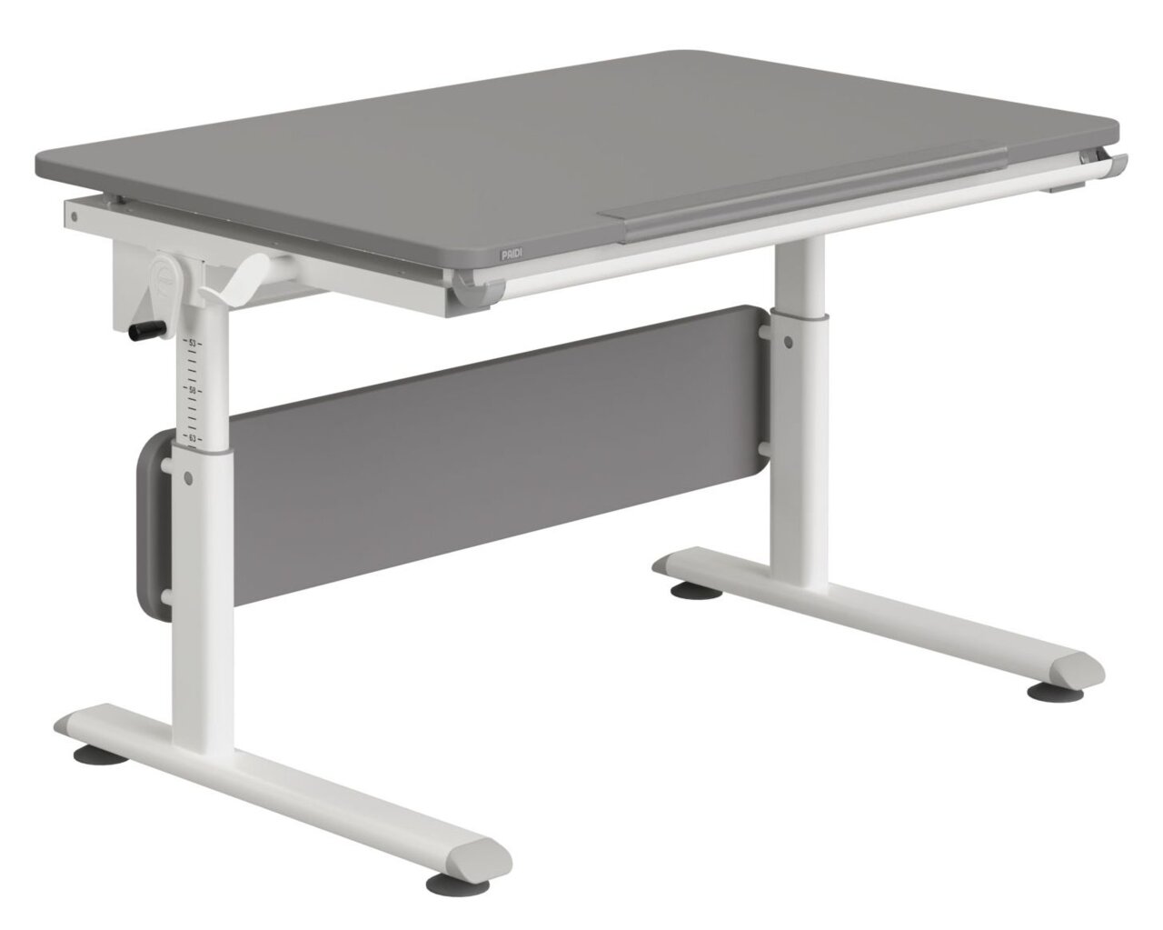 Moderner höhenverstellbarer Schreibtisch in Grau und Weiß, seitliche Perspektive