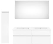 Frontale Ansicht einer modernen Badkombination der Serie NEXT4YOU von Puris mit großem Spiegel, Doppelwaschbecken und hohem Schrank in Weiß.